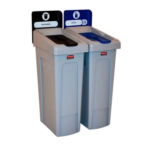 Rubbermaid Dubbel Recyclingstation FR Gesloten (Zwart) / Flessen (Blauw)