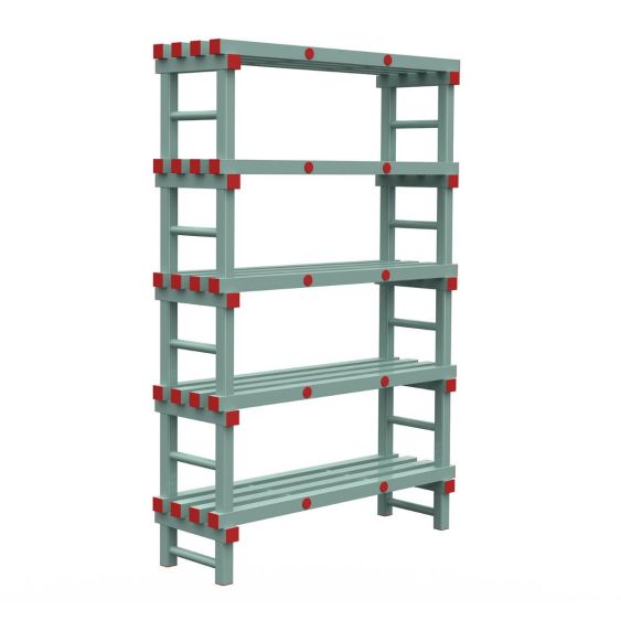 Kunststof Magazijnstelling 1450x300x1200 mm 5 niveau's groen met rode doppen