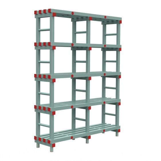Kunststof Magazijnstelling 1450x300x1500 mm 5 niveau's groen met rode doppen