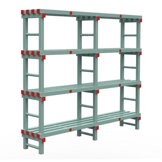 Kunststof Magazijnstelling 1300x400x2000 mm 4 niveau's groen met rode doppen