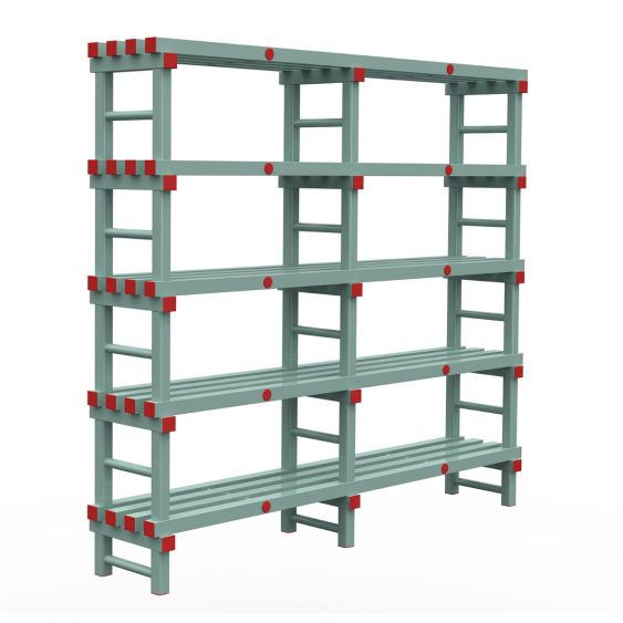 Kunststof Magazijnstelling 1850x400x2000 mm 5 niveau's groen met rode doppen