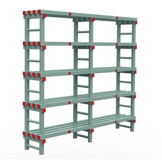 Kunststof Magazijnstelling 1450x300x2000 mm 5 niveau's groen met rode doppen