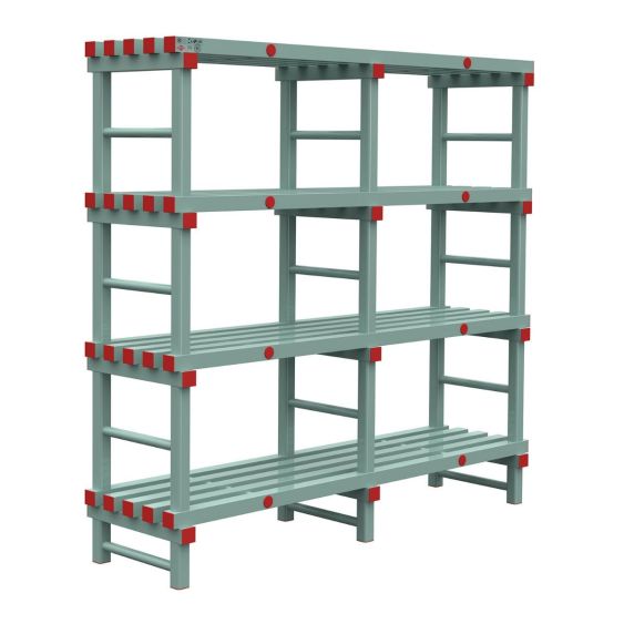 Kunststof Magazijnstelling 1450x600x1500 mm 4 niveau's groen met rode doppen
