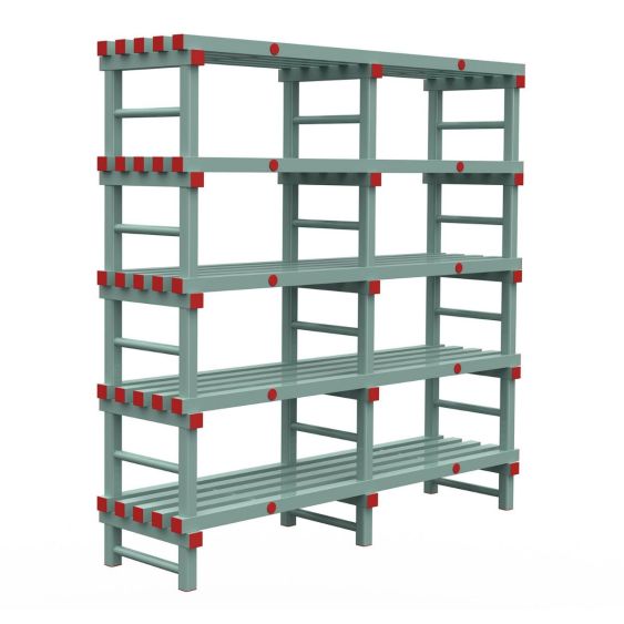 Kunststof Magazijnstelling 1450x600x1800 mm 5 niveau's groen met rode doppen