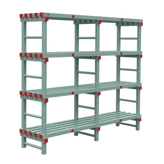 Kunststof Magazijnstelling 1300x500x2000 mm 4 niveau's groen met rode doppen