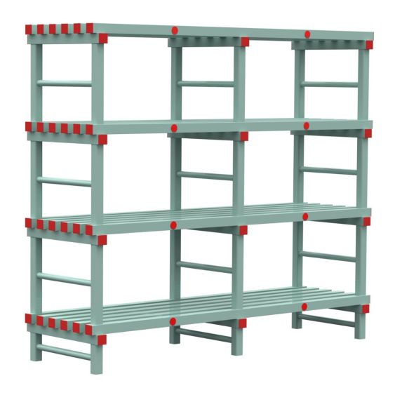 Kunststof Magazijnstelling 1150x600x2000 mm 4 niveau's groen met rode doppen