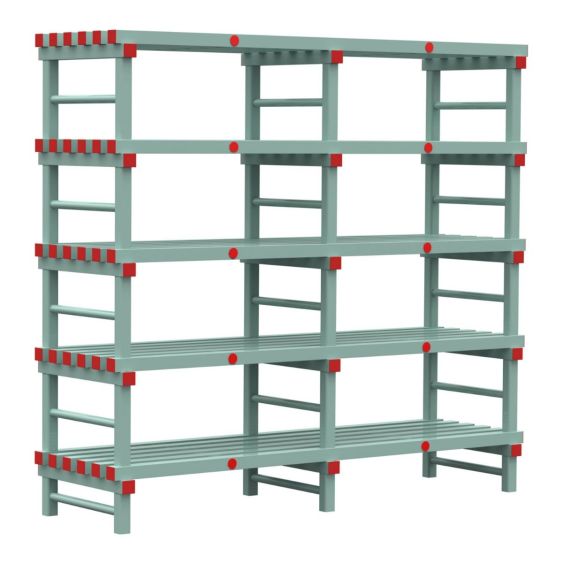 Kunststof Magazijnstelling 1450x600x2000 mm 5 niveau's groen met rode doppen