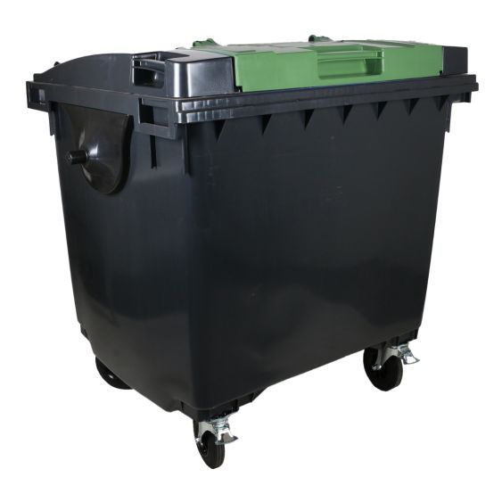 Afvalcontainer 4 wiel 1100 liter Grijs met Groene Split Lid Deksel - Voor DIN-opname