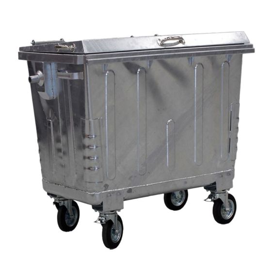 Afvalcontainer 4 wiel 660 liter staal met versterkt stalen deksel voorkant