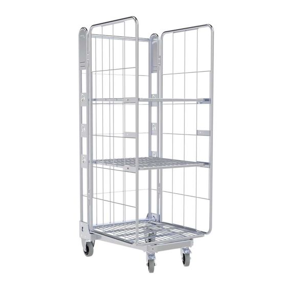 Nestbare Rolcontainer 1630 Metaal 3-zijdig met 2 Planken