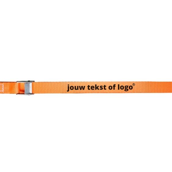 Bedrukte Spanband met Gesp 25 mm 4M Oranje eigen tekst of logo zwarte opdruk
