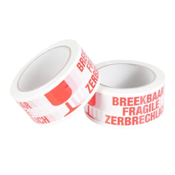 Breekbaar Tape PP Acryl Rood/Wit 48 mm x 66 meter - 28 my