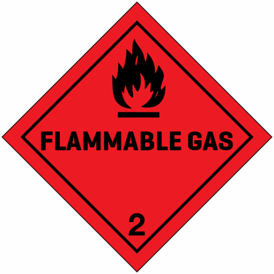 Gevaarsetiket klasse 2.1 100 x 100 mm zelfklevend papier op rol - 1000 stuks MET TEKST