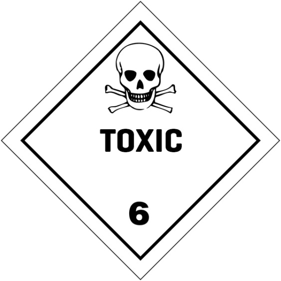 Gevaarsetiket klasse 6.1 100 x 100 mm zelfklevend papier op rol - 1000 stuks MET TEKST