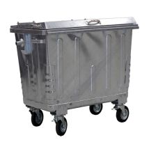 Afvalcontainer 4 wiel 660 liter staal met versterkt stalen deksel voorkant