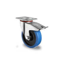 Zwenkwiel met rem blauw elastisch rubber rollager Ø 100 mm