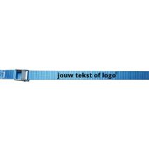 Bedrukte spanband met jouw tekst logo of eigen tekst logo blauw met zwarte opdruk